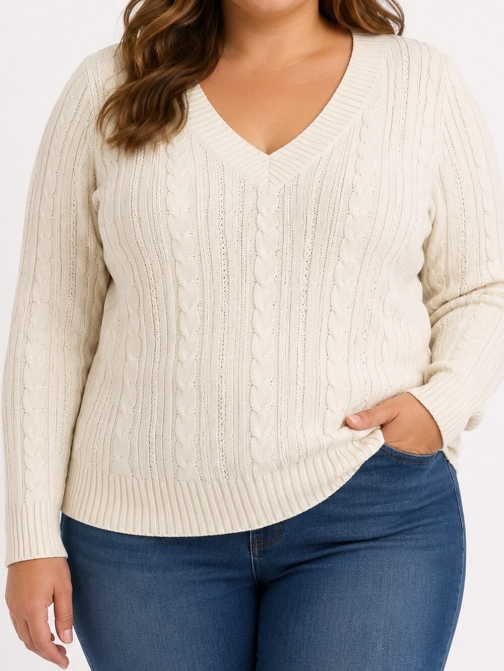 Lane Bryant 14/16 Ivory Cable Knit V Neck 100% Cotton Sweater Size XL